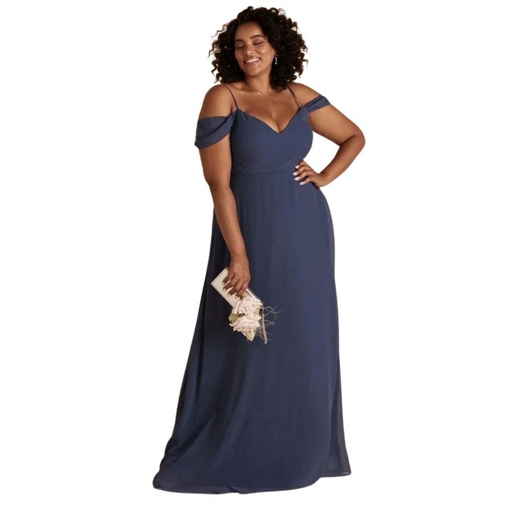 Birdy‎ Grey Devin Chiffon Maxi Bridesmaid Dress Gown Slate Blue Curve 2X NWT